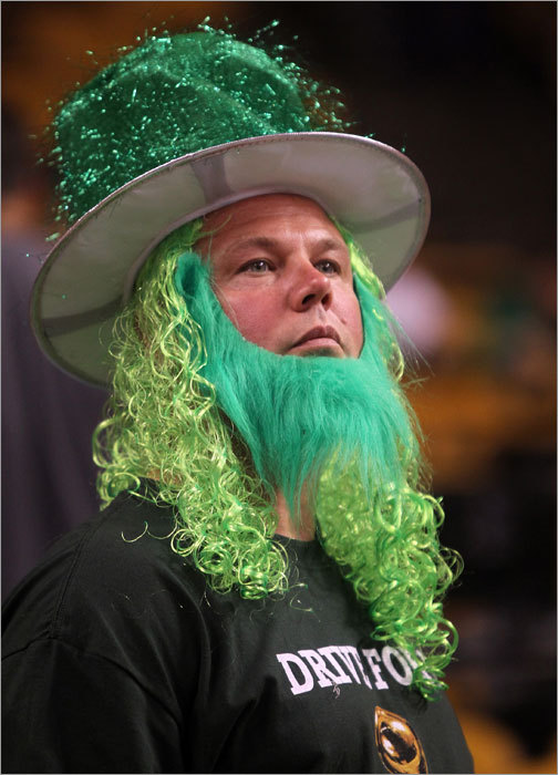 Eddie Brobisky of West Warwick, R.I., showed his spirit through his attire to support the Celtics.