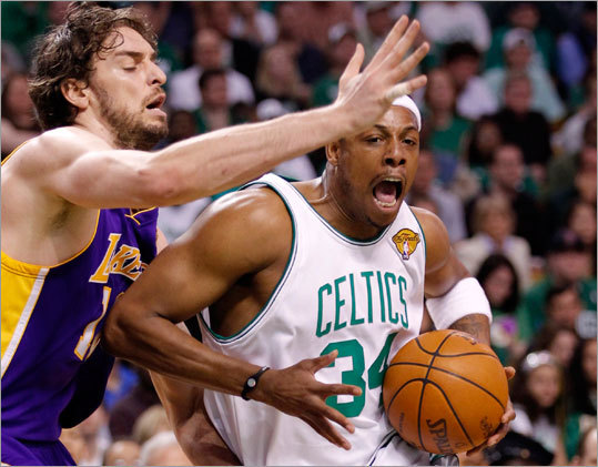 Celtics forward Paul Pierce (right) was guarded by Lakers forward Pau Gasol in the first quarter of Game 5 of the NBA Finals.