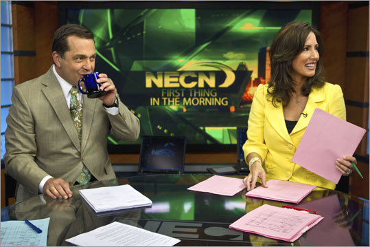 Before the recent revamp of their morning team, NECN had been the first to jump into the 4:30 a.m fray. Mike Nikitas and Karen Swensen (pictured) were the original anchors of the 4:30 a.m. newscast. The new NECN early, early show will be anchored by Steve Aveson and Bridget Blythe. Here, former morning show anchor Mike Nikitas and Karen Swensen - who will stay on with Aveson until she is replaced by Blythe - sat on their marks in the studio and prepared for a 4:30 a.m. 'First Thing in the Morning' newscast at NECN's studios in Newton in May of last year. Nikitas has since moved on to anchor during early evenings and Nightside