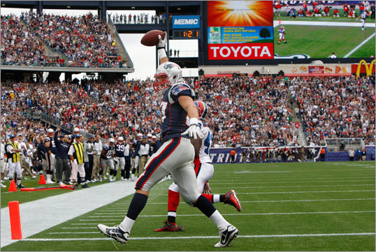 Patriots tight end Rob Gronkowski held the ball in the air after a 5-yard touchdown reception.