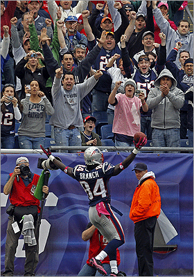 Welcome home, Deion Branch. The newly-reacquired wideout celebrated with fans his fourth-quarter touchdown that sparked the Patriots' comeback. Branch had nine catches for 98 yards and the touchdown in the Patriots' overtime victory over the Ravens.