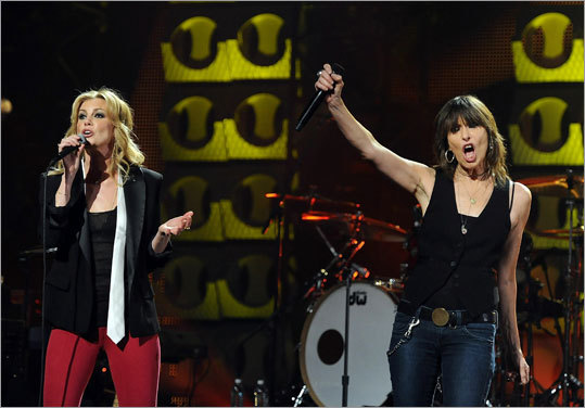 Singers Faith Hill and Chrissie Hynde performed during the CMT Crossroads Live from 'Pepsi Super Bowl Fan Jam' in Grand Prairie, Texas.