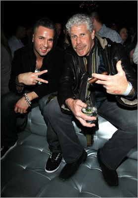 Mike 'The Situation' Sorrentino (left) of 'Jersey Shore' fame, and actor Ron Perlman attended Mark Cuban's HDNet Super Bowl Party.