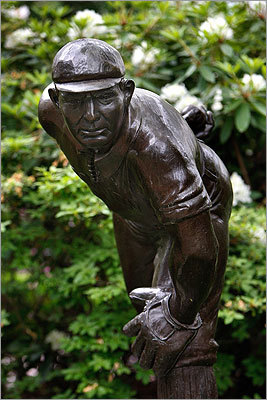 Cy Young The namesake of the annual award that goes to baseball's best pitcher can be found memorialized on the campus of Northeastern, outside the campus's Cabot Center. The statue is said to be located at the site of the field where Young, baseball's winningest pitcher, led Boston to its first World Series victory in 1903 .