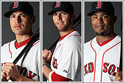 (Left to right) Jacoby Ellsbury, Dustin Pedroia, and Carl Crawford