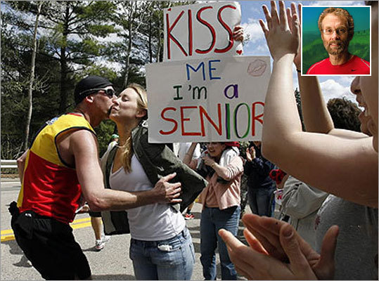 Scoring a kiss in Wellesley Amby Burfoot, editor at large, says: Few runners are tough, aggressive types. Me? I've never walked out of a bar with someone I didn't know previously. Cruising into Wellesley, I wondered if I'd have the nerve to follow through on my kissing-a-stranger plan. A guy near me dropped to the road and pumped out 20 quick pushups. I could have managed, oh, four or five, but that wouldn't have impressed anyone. Instead, I smiled as warmly as I could and tried to make eye contact with someone. There were hundreds of Wellesley coeds leaning against a fence, screaming as loud as they could. One held a sign: 'I kiss Boston Marathoners.' Okay, that sounded like an invitation. I slowed and swerved to the sidelines, keeping my eyes locked on her. In a moment, she found my gaze and returned it. Yes! I swooped in, grabbed her firmly at the shoulders, and gave her a solid smacker. It was easy. I only wish I'd been so lucky in high school.