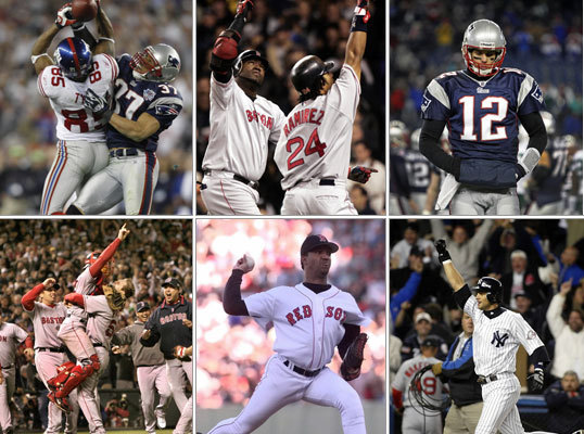 Johnny Damon's grand slam. Aaron Bleeping Boone. David Tyree's helmet catch. These events are tattooed in the brains of hardcore Boston and New York sports fans. It doesn't take much to fire up residents of either city when it comes to sports, especially when the cities play each other. The towns' professional sports franchises have only met seven times in the postseason in the last 20 years. This Sunday, the Bruins and Rangers and Celtics and Knicks will be facing off at the same time. With that, we catch you up on the recent sports history between these two proud cities.