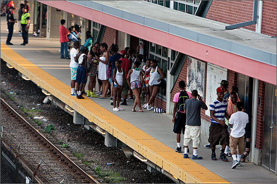 As the crowd broke up, hundreds of the unruly youths boarded the Red Line at JFK/UMass Station. Some went north; some went south. According to Transit Police, a group of young people ended up at Downtown Crossing and started a fight in the station that spilled onto the street. Clashes were also reported at other stops.