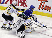 Vancouver's Alex Burrows swings around the Bruins' net en route to his winning goal