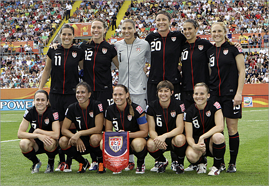 The US Women's team posed for a team photo after they defeated Brazil in a penalty shootout during the Women's World Cup quarterfinal soccer match in Dresden, Germany on July 10. The US team plays next in the semifinal match against France on July 13. Here's a look at the women representing the US in the Women's World Cup. All player info is from U.S. Soccer's official website. Top left: Alex Krieger, Lauren Cheney, Hope Solo, Abby Wambach, Carli Lloyd, Rachel Buehler. Bottom left, Heather O Reilly, Shannon Boxx, Christie Rampone, Amy Le Peilbet and Amy Rodriguez. Compiled by Kim Lyons, Boston.com staff.