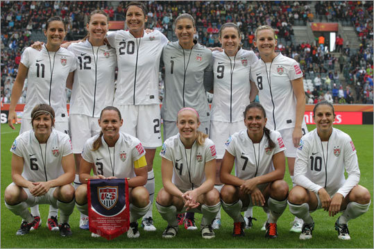 The US team starters were Alex Krieger, Lauren Cheney, Abby Wambach, goalkeeper Hope Solo, Heather O Reilly, Amy Rodriguez, from top left, and from bottom left, Amy Le Peilbet, Christie Rampone, Becky Sauerbrunn, Shannon Boxx, Carli Lloyd line up for a team photo just before the semifinal match.