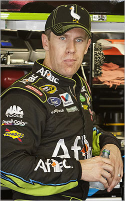 “It’s a proven fact that our fans go out and buy the products they see on our race cars,” said Bowyer, and fans are now asking “What do we need to do to use this in our cars?” Shown: Carl Edwards in his garage during the NASCAR Sprint Cup final practice at the New Hampshire Motor Speedway.