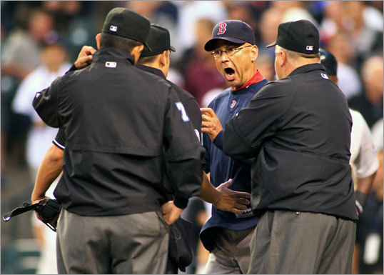 Aug. 13: Mariners 5, Red Sox 4 Beckett wasn't the only Red Sox in a bad mood. Sox manager Terry Francona (center) was ejected in the fourth inning after umpires reversed a call that initially had Jacoby Ellsbury safe at home.
