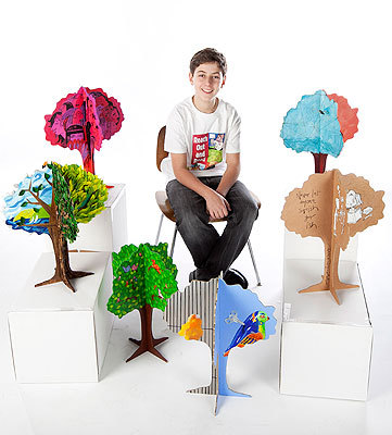 Isy Mekler, of Newton, persuaded dozens of illustrators and artists to illustrate a tree for his Bar Mitzvah project.