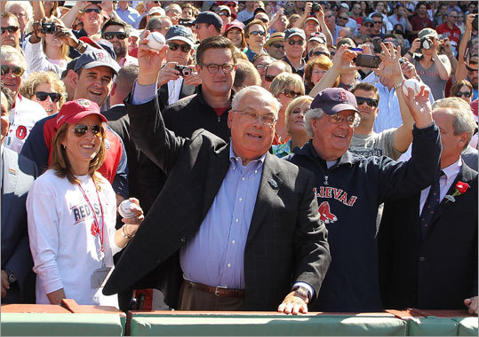From left to right: Caroline Kennedy, Boston Mayor Thomas M. Menino and Thomas Fitzgerald prepared to throw out the first pitch.