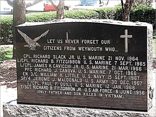 As America begins commemorating the 50th anniversary of the Vietnam War with events and ceremonies honoring those who served, a father and son, Richard B. Fitzgibbon Jr. and Richard III, from Weymouth are in a rare place in the long history of the conflict. One of only two confirmed father-son tandems to die in the war, their names are etched on the wall of the Vietnam Veterans Memorial in Washington, D.C., as well as on a more modest stone in the Vietnam Memorial Park in their hometown, seen at left.