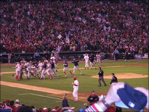 The view from the first base line, when the Red Sox won the World Series in St. Louis.