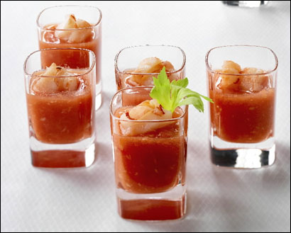 SHOT ORDER Bloody Mary shrimp ****tails - in small glasses - are stylish and easy to eat. Celery is optional.