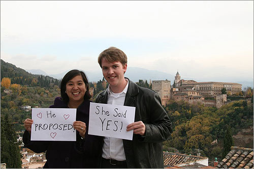 Deborah and Michael's engagement The sign says it all. Deborah Lee, from Greenwich, Ct., and Michael Kasameyer, from Cohasset, got engaged in Granada, Spain with the famous Moorish Castle, The Alhambra, is in the background. No date has been set for the wedding, though they're eyeing this summer.