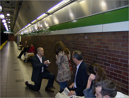 Christine and Ken's engagement How Bostonian! Christine and Ken originally met on the T while they were students in Boston. 'So, he orchestrated an elaborate proposal at the Haymarket subway platform,' she writes. With 15 members of their family there, Ken asked the question. 'We always thought that fate brought us together years ago on the T. And, Ken made it perfect when he brought me back to that spot to pop the question.'