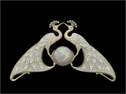 Double peacock necklace , about 1900. By: Eugene Feuillâtre, 18701916. Gold, enamel, diamond, and opal.