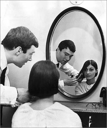Sassoon styled British designer Emmanuelle Khahn's hair in a swinging bob in September 1963.