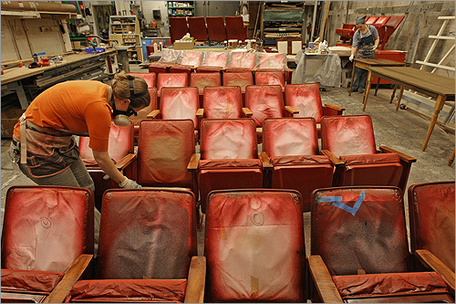 THE SEATS Seventy theater seats were purchased at a wholesaler in Philadelphia, then painted a splotchy red to represent decay.