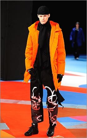 Seasonal colors: A model walks the runway at the Y-3 Autumn/Winter 2009-10 fashion show at Pier 40.