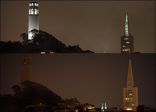 This combination photo shows Coit Tower and the Transamerica Pyramid in San Francisco with lights on (top) and then off during the hour designated for the World Wildlife Fund's global awareness campaign.