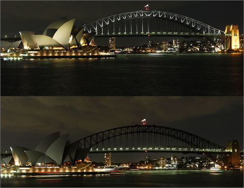 This combo picture shows the Sydney Harbor Bridge and Sydney Opera House illuminated by lights top, then seen with the lights turned off in Sydney. More than 380 towns and cities and 3,500 businesses in 35 countries signed up for the campaign that is only in its second year after it began in 2007 in Sydney alone.