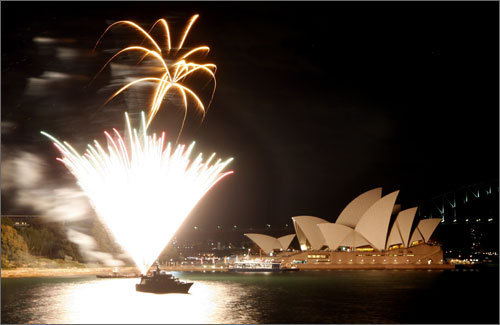 Fireworks exploded near the Sydney Opera House at the conclusion of Earth Hour in Sydney. Australia's largest city kicked off a global dimming when it turned off its lights Saturday night for one hour in an effort to combat climate change. Sydney is the first of more than 370 cities and towns in more than 35 countries from Fiji to Ireland to Canada to take part in Earth Hour, organizers said.