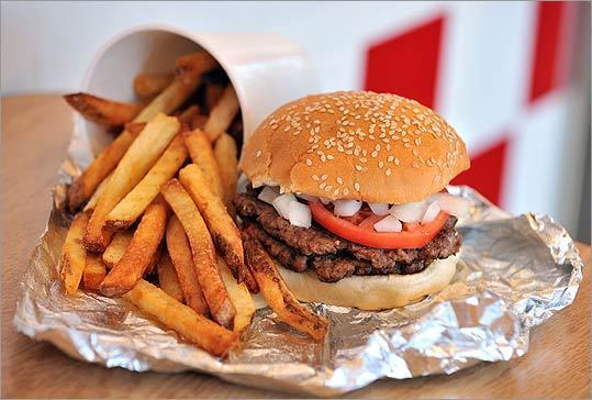 2. FIVE GUYS BURGERS AND FRIES Five Guys’ signature product will never replace a real hamburger, but as a quick, flat, superheated slab of chopped meat it’s not bad. — Louise Kennedy ( Read the full Globe review ) Walpole Mall, 104 Providence Highway, East Walpole. 508-660-9850. Other locations in Chelsea, Medford, Saugus, Dedham, Stoneham, Burlington, Swampscott, Randolph, Natick, Canton, Walpole, Framingham, Hanover, Foxborough. fiveguys.com . Starting at $4.06 for a single patty or $5.77 for a double patty.
