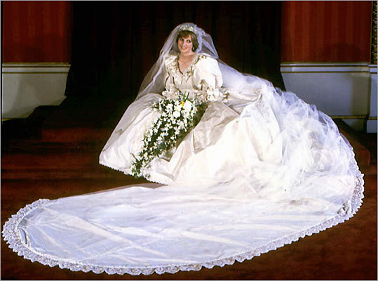 A portrait of Princess Diana in her extravagant wedding gown.