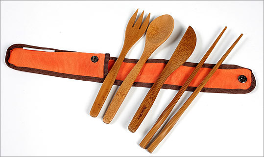 TO-GO WARE “Repeat” bamboo utensil set, $12.95 at Greenward, 1764 Massachusetts Avenue, Cambridge, 617-395-1338, http://www.greenwardshop.com