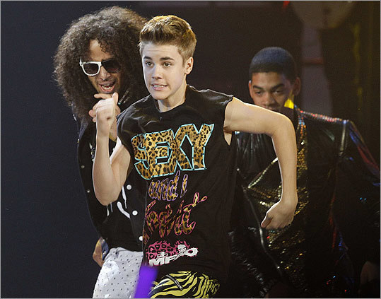 Justin Bieber (center) joined LMFAO for 'Party Rock Anthem' during the show's finale. The group also performed 'Sexy and I Know It' with surprise appearances by David Hasselhoff and YouTube sensation Keenan Cahill.