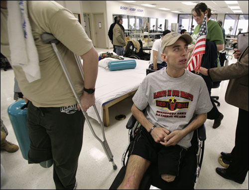 US soldier Sergeant John Kriesel, who was wounded in Iraq, waited before a therapy session at the rehabilitation center at Walter Reed in this February file photo.