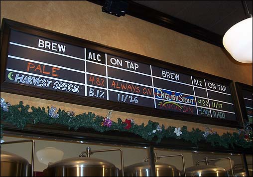 Above the windows looking in on the cellar is the board displaying the names of the beers currently on tap, ie, available for consumption. In addition to the name of the beer, the alcohol content and original date of availability are also shown.