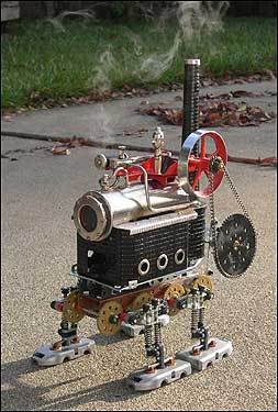 The San Francisco Bay Area artist I-Wei Huang built a group of robots that look like 19th-century locomotives with legs and are literally steam powered. Left, I-Wei Huang's Steam Walker, which won the Gold Medal for the Kinetic Artbots category, RoboGames 2006.