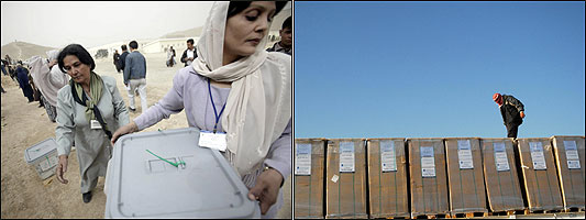 Left: The day after the election in Afghanistan last October, workers passed along boxes of ballots to be counted by hand. Right: An Iraqi worker walked on boxes at Baghdad International Airport containing ballots for the general election being held today.