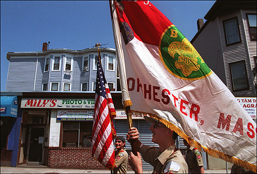 Boy Scouts march in the 101st Dorchester Day parade in June.