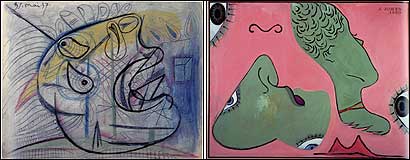 Left, Pablo Picasso, Head of Weeping Woman (III), May 31, 1937. Right, Jasper Johns, Untitled, 1990.