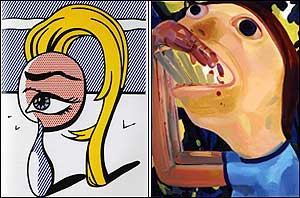 Left, Roy Lichtenstein, Girl With Tear I, 1977. Right, Dana Schutz, Devourer, 2004.