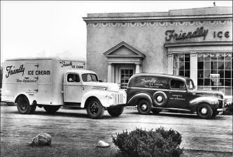 As Friendly’s grew, more and more delivery trucks such as these, photographed in 1946 in West Springfield, were plying the roads.