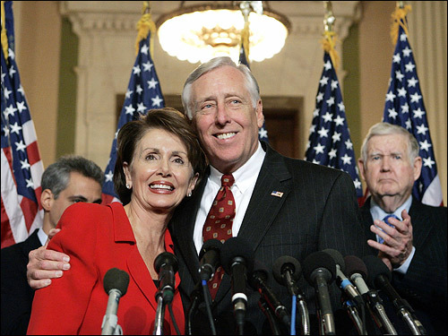 In November of 2006, Democrats completed a stunning recapture of both chambers of Congress. Immediately after the election, Democratic leaders said they viewed their victory as a mandate to change Republican policy on Iraq, which polls showed to be an important issue among voters. From left, newly minted House Speaker Nancy Pelosi of California, Majority Leader Steny Hoyer, of Maryland, and Representative John Murtha (D-PA), at the House leadership elections.