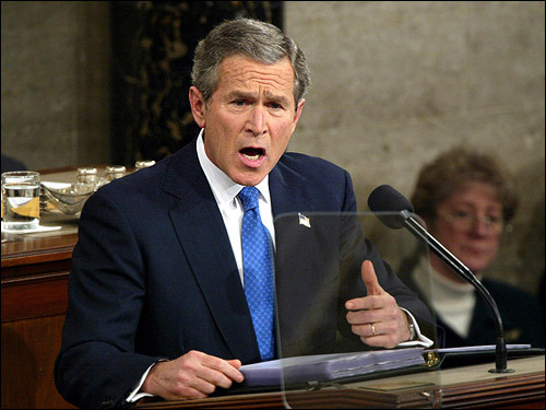 During his State of the Union address on Jan. 28, 2003, President Bush asserted that 'The British government has learned that Saddam Hussein recently sought significant quantities of uranium from Africa.' It was one of the reasons Bush gave for the March 2003 invasion of Iraq. Material from AP, Reuters, and The Boston Globe was used for this report.