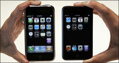 The Apple iPhone, left, with the new Apple iPod Touch.