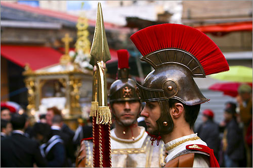 A Roman guard during a Good Friday festa procession near the Ballarò market in Palermo.