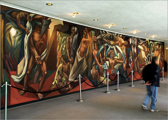 José Vela Zanetti, living in exile after the Spanish Civil War, created the mural ''Mankind's Struggle for Lasting Peace'' for the United Nations in 1953. Evgeniy Vuchetich's bronze sculpture ''Let Us Beat Swords Into Plowshares'' was a gift from the Soviet Union in 1959.