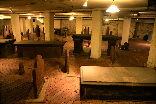 The crypt at Center Church, part of New Haven's first burial ground, contains grave markers ranging in date from 1687 to 1812.