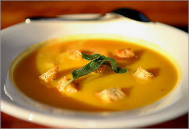 Pumpkin and Sweet Potato soup with sage croutons